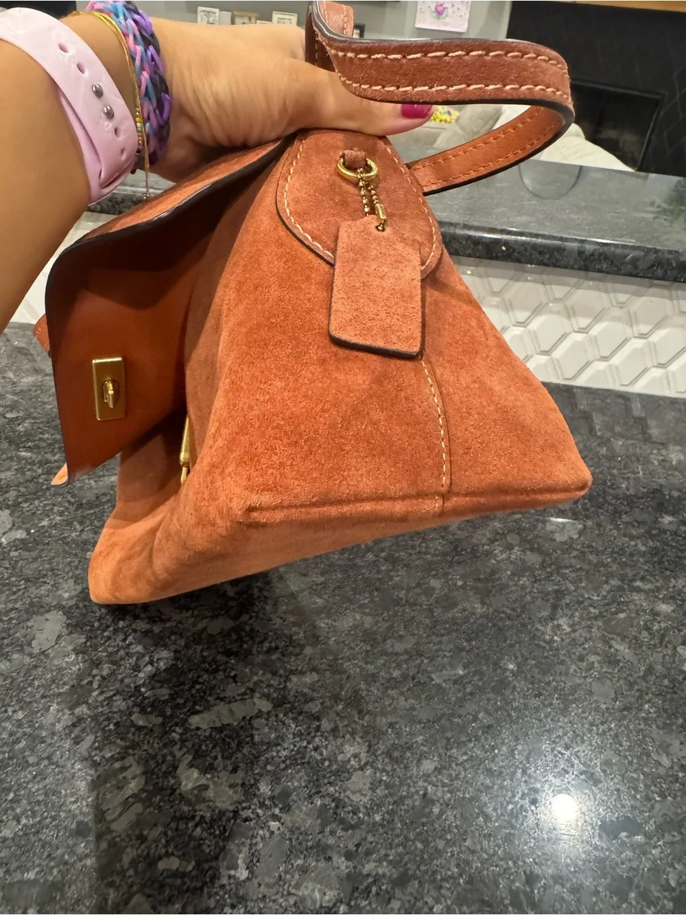 COACH Chelsea 30 in clay suede shoulder bag with gold hardware